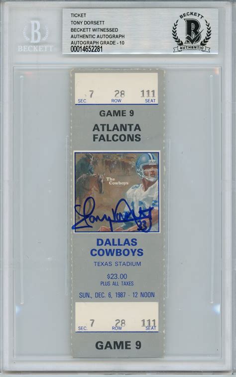 Tony Dorsett Signed Dallas Cowboys Ticket 12/6/87 vs ATL BAS Slab ...