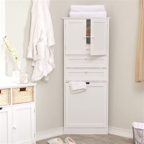 Awesome White Painted Wooden Corner Bathroom Linen Cabinets As Well As ...