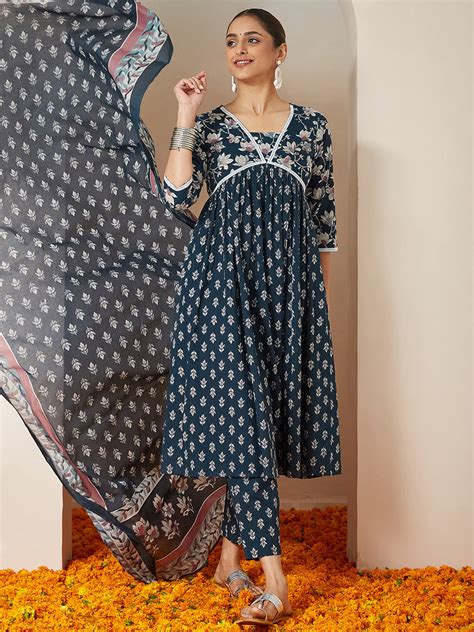 Janasya Women's Teal Blue Pure Cotton Floral Printed A-line Kurta Set