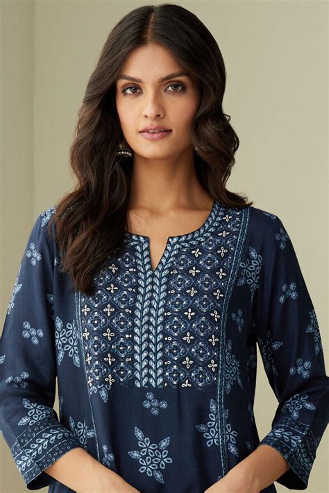 Buy Blue Printed Straight Viscose Kurta for Women | FGMK24-452 | Farida ...
