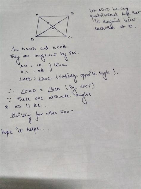 If the diagonals of a quadrilateral bisect each other then prove that ...