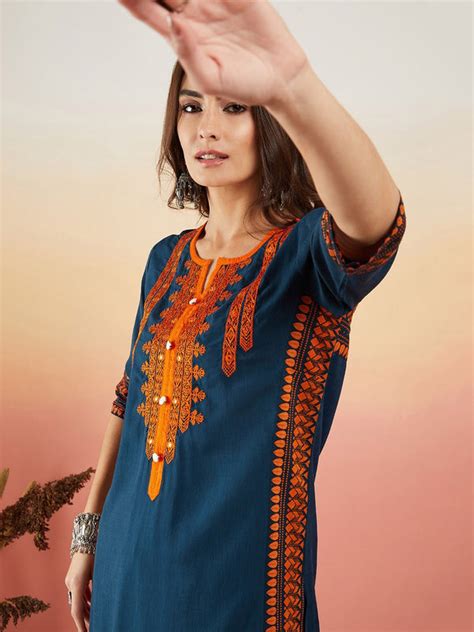 Navy Blue Ethnic Motifs Embroidered Thread Work Straight Kurta ...
