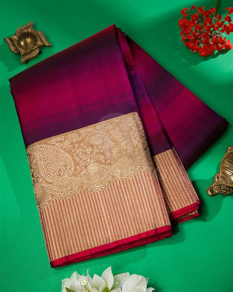 Red Blue Ombre And Khaki Kanjivaram Silk Saree - S1309(A) – Pashudh Sarees