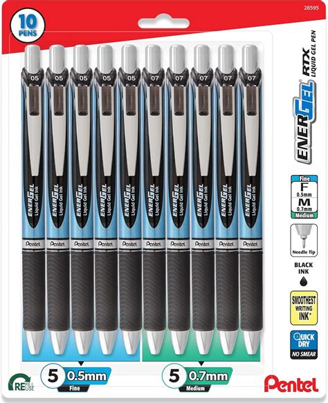 Pentel Energel Needle Tip Black Liquid Gel Ink Pens Variety Pack Of 10 ...