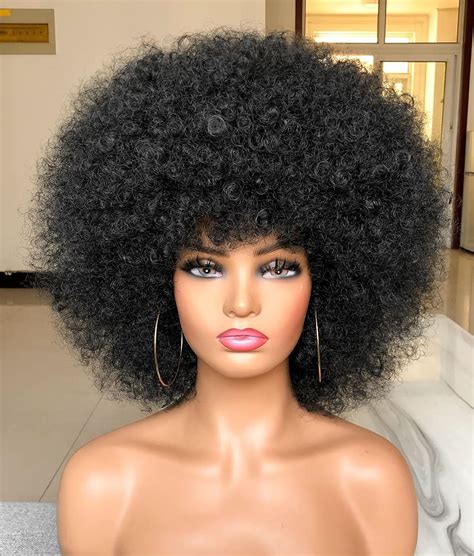 Buy HIHOO Short Afro Wig with Bangs for Black Women Afro Kinky Curly ...