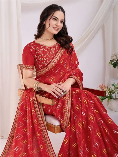 Buy Red Bandhani Printed Silk Wedding Saree From Ethnic Plus