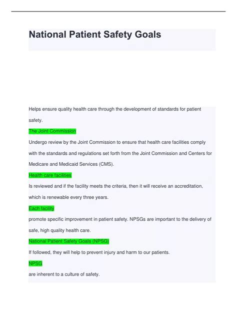 National Patient Safety Goals - National Patient Safety Goals - Stuvia US