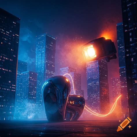 Futuristic neon cityscape at night with two reflective heart-shaped ...