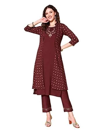 Buy SheWill Fusion Crepe Embroidered Kurta With Foil Printed Shrug Set ...
