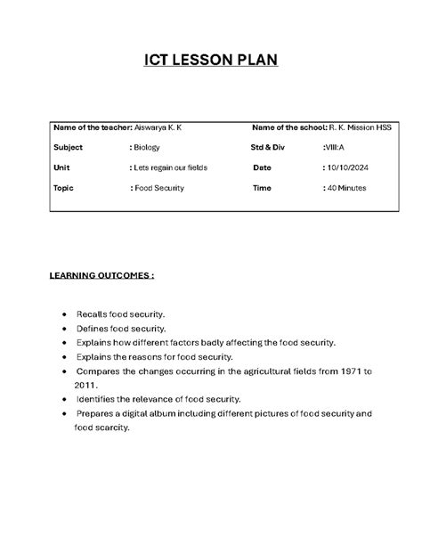 ICT LESSON PLAN: Food Security in Biology (Std Div) - Studocu