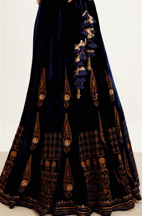Devnaagri - Navy Blue Zari Embroidered Velvet Lehenga Set