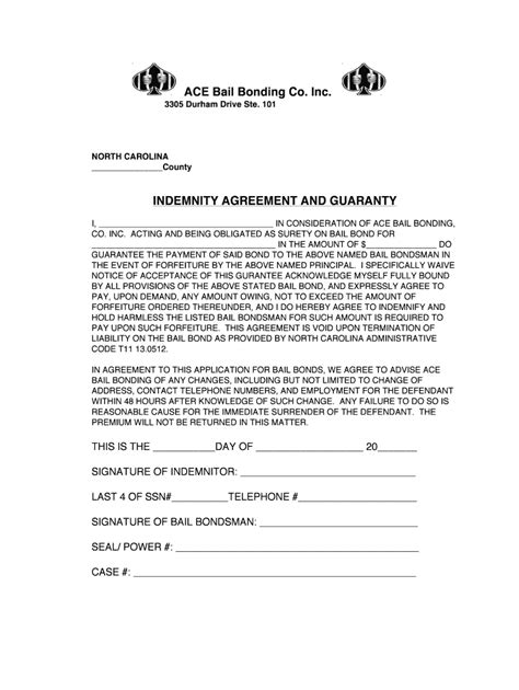 NC Ace Bail Bonding Indemnity Agreement - Blank Fillable Template ...