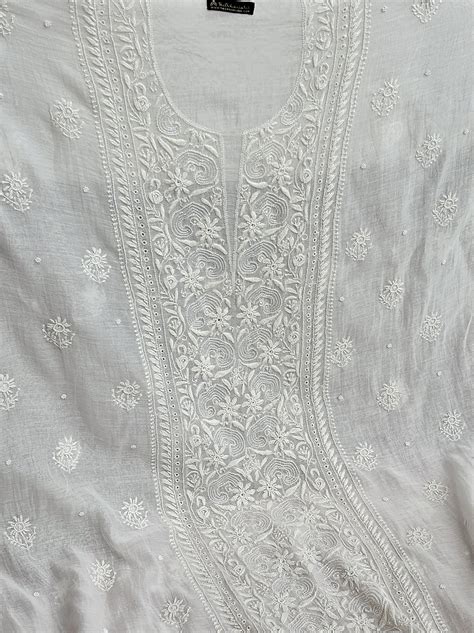 White Mulmul Chanderi Un-stitched Chikankari Kurti Piece with Dupatta
