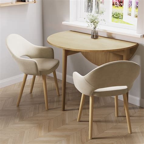 Small Oak Drop Leaf Dining Table Set with 2 Beige Upholstered Chairs ...