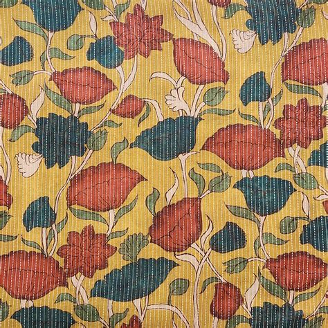 Pure Cotton Katha Kalamkari Mustard With Rust Flower Jaal Digital Prin ...