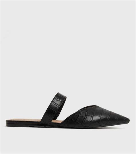 Black Faux Croc Pointed Mules | New Look