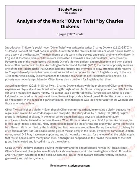 Analysis of the Work "Oliver Twist" by Charles Dickens Free Essay Example