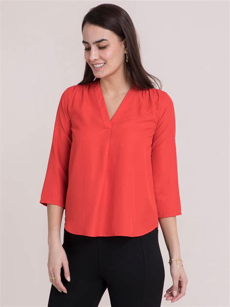 Buy Coral V Neck Pleated Top Online | FableStreet