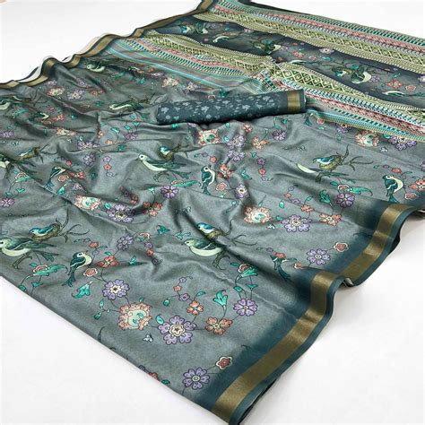 Grey Floral & Bird Digital Printed Dola Silk Saree With Elegant Zari B