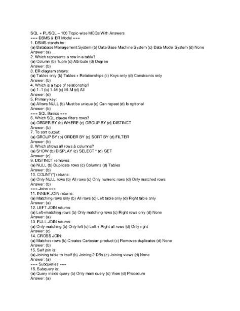 SQL 100 MCQs with Answers: Topicwise Review for DBMS - Studocu