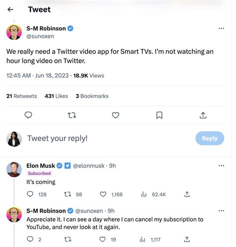 Twitter is working on a video app for Smart TVs, Elon Musk says it is ...