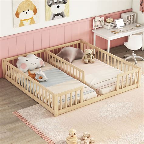 Double Twin Floor Bed for 2 Kids, Montessori Bed with Guardrails and ...