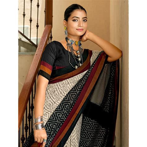 Beige & Black Ikkat Printed Mulmul Cotton Saree