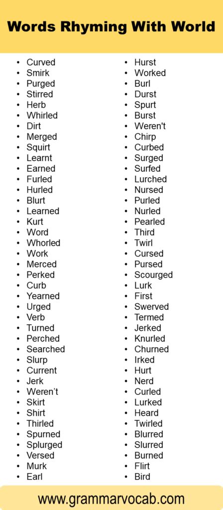 Words That Rhyme With World - GrammarVocab