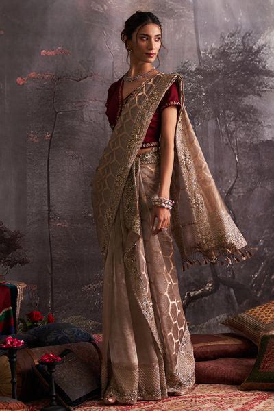 MAROON & BROWN CRUSH TISSUE ORGANZA EMBROIDERED TWO PIECE SAREE SET (5 ...