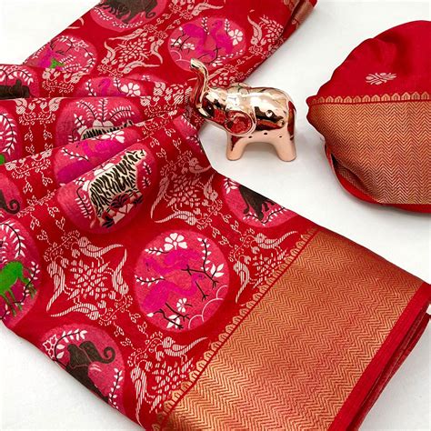 Red Printed Dola Silk Saree With Zari Woven Border