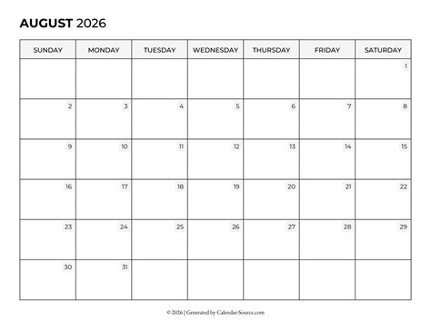 August 2026 Calendar (Printable)