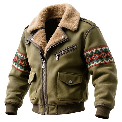 Men's Vintage Olive Green Bomber Jacket With Faux Fur Collar And Ethnic ...