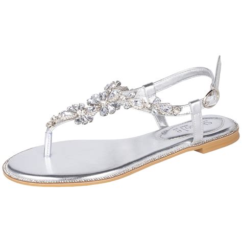 SheSole Women's Sparkly Rhinestone T-Strap Silver Flat Sandals Dressy ...