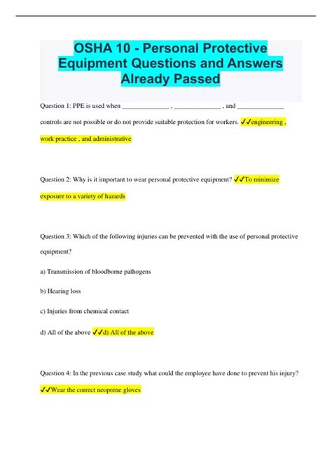 OSHA 10 - Personal Protective Equipment Questions and Answers Already ...