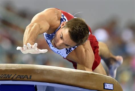 Samuel Mikulak of the US competes on the vault during the men's team ...