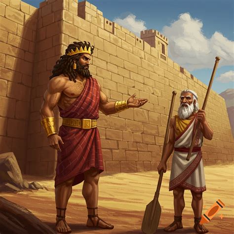 Gilgamesh shows Urshanabi the Walls of Uruk in a desert scene. on Craiyon