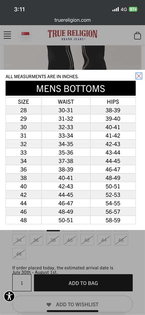 True Religion Size Conversion Chart