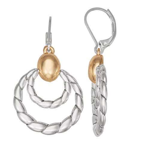 Napier Two Tone Textured Double Hoop Drop Earrings