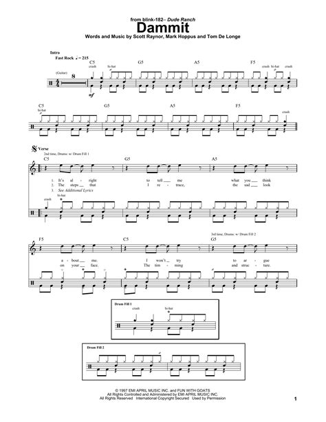 Dammit by Blink 182 Sheet Music for Drums Transcription at Sheet Music ...