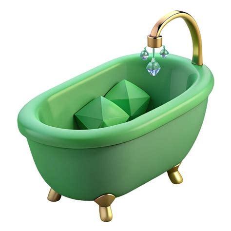 A green bathtub with a gold handle and a green plastic cube in the ...