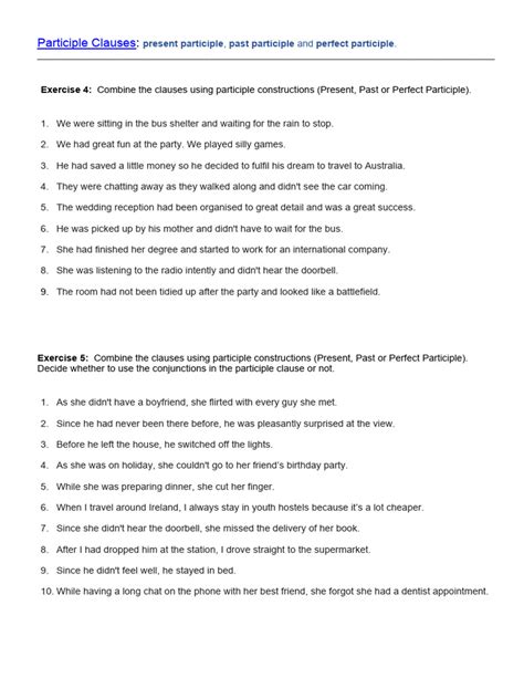 Image result for Participle Clauses Exercises