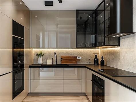 Sophisticated Urban Kitchen with Sleek Black Glass Cabinets and Ambient ...