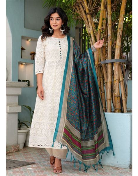 Cotton White Chikankari Anarkali Women's Kurta Pant With Dupatta – mahezon