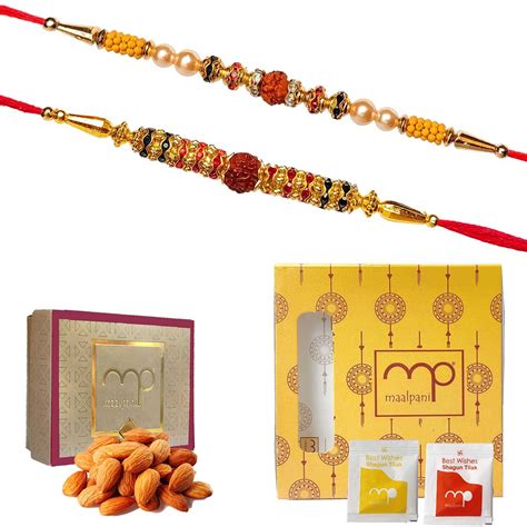 Maalpani Rakhi and Dry Fruit Combo - 2 Auspicious Rudraksh Rakhi with ...