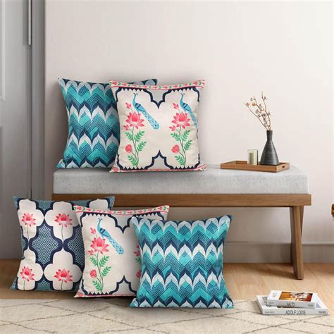 Buy INDIA CIRCUS Indigo Mayhem Printed Set of 5 Cushion Covers ...