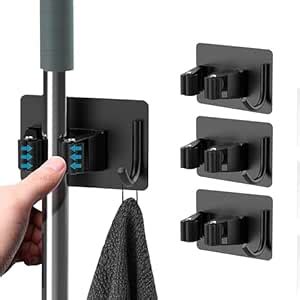 JIALTO 3 Pcs Stainless Steel Broom Holder with Hook - Wall Mounted ...