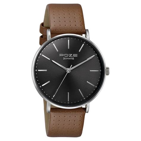 Sonata Poze Quartz Analog Black Dial Leather Strap Watch for Men