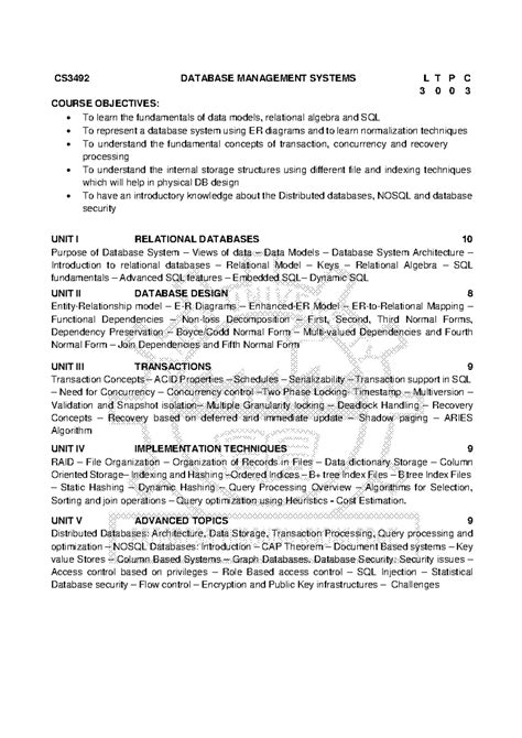 DBMS Syllabus Overview - CS3492 R21 - Essentials & Topics - Studocu