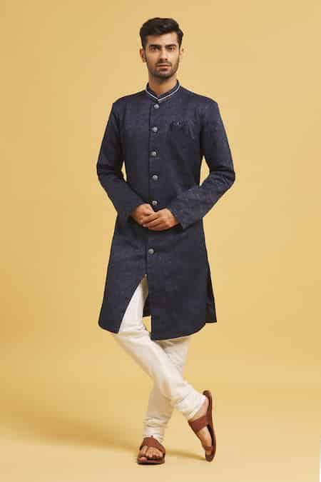 Buy Blue Silk, Jacquard Tonal Foliage Pattern Sherwani With Churidar ...