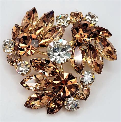 Vintage Prong Set Brown Rhinestone Brooch Pinwheel Fl… - Gem